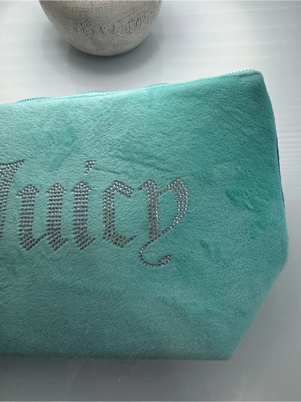 Juicy Couture Teal Mint Blue Velour Velvet Cosmetic Bag Soft Rhinestone